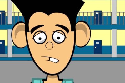 Cartoon student with a worried expression in a school hallway representing el bullying 3.