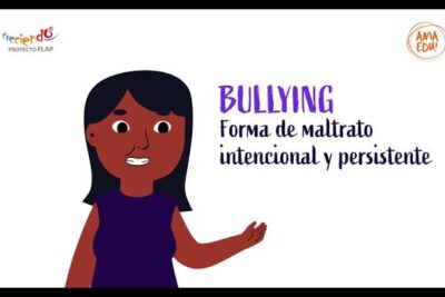 Animated illustration of a character next to the Spanish text 'Bullying: forma de maltrato intencional y persistente', labeled el bullying 6.