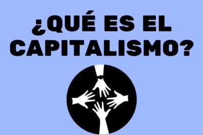 Poster reading '¿Qué es el capitalismo?' above a circular emblem of reaching hands suggesting interaction and el capitalismo.