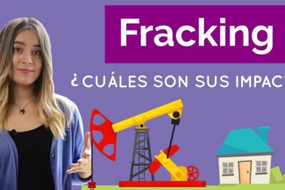 Woman presenter beside an illustrated pumpjack, house and text highlighting el fracking 1 impacts.