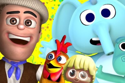 Bright collage of animated children's characters including a smiling man, blue elephant, chicken and child for el infantil 1.