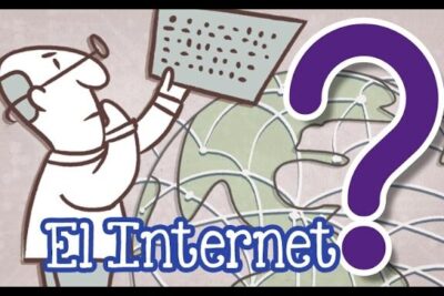 Cartoon of a man pointing to a networked globe with a question mark and the text el internet 5