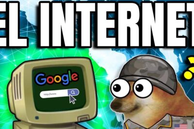 Retro computer showing Google search and a puzzled meme dog reacting to el internet 6