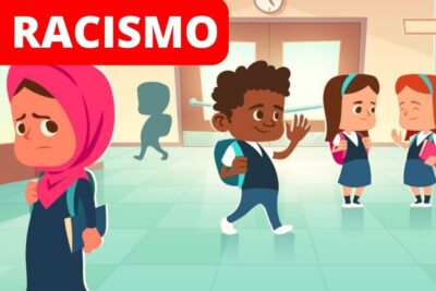 Sad hijab-wearing student stands alone in a school hallway while other children chat and a boy waves, illustrating el racismo 2.