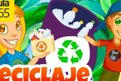 Cartoon children sorting bottles and cardboard into a recycling bin with a green recycling symbol el reciclaje 2