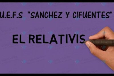 Purple background slide showing a hand writing bold black letters 'EL RELATIVIS' under the header U.E.F.S 'SANCHEZ Y CIFUENTES', labeled el relativismo 1.