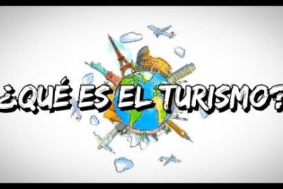 Illustrated globe with landmarks, airplanes and graffiti-style Spanish text about el turismo 3.