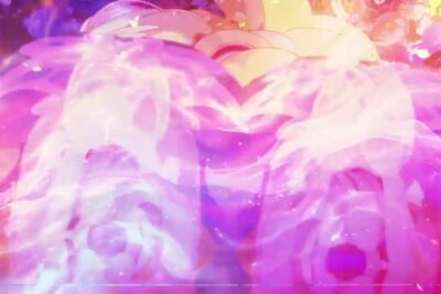 Elektronisen musiikin 1 Neon Abstract Artwork – Vibrant Synthwave Visual shows swirling pink and purple neon waves, translucent glowing heart-like shapes, and scattered sparkles creating an ethereal retro-futuristic composition.