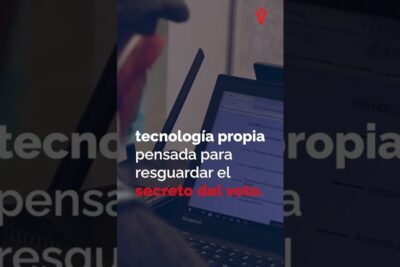 Close-up of a laptop interface and overlay text promoting elektronisk afstemning to safeguard ballot secrecy