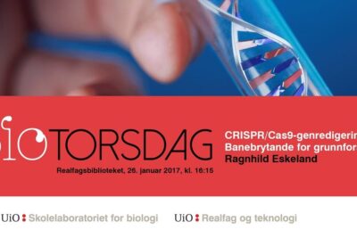 Banner with DNA helix and laboratory imagery emphasizing embryoniske stamceller research