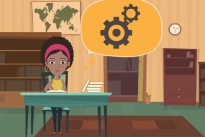 Young woman reading at a library table with a gears thought bubble symbolizing emotionale intelligenz 1