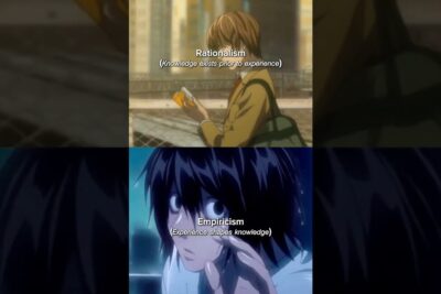 Anime split-frame showing labeled Rationalism and Empiricism panels highlighting empirismen ar