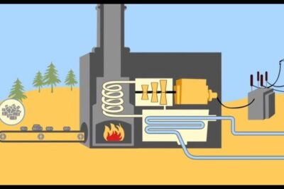 Diagram showing conveyor-fed wood chips, combustion boiler, steam coil, turbine, generator and transformer representing energia biomasa 4