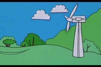 Illustrated wind turbine on rolling green hills under a clear blue sky, energia eolica 7.