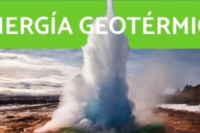 Geyser erupting a tall column of steam and vivid blue hot water in a snowy landscape representing energia geotermica 8.