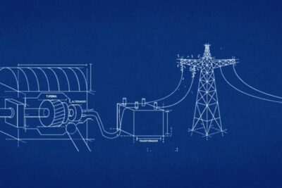 Blueprint schematic of turbine, alternator, transformer and transmission tower illustrating energia geotermica 9 power flow.