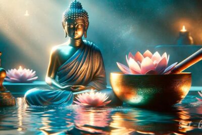 Golden Buddha statue surrounded by lotus flowers, a singing bowl and candlelight reflecting energia limpia 1.