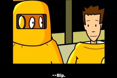 Cartoon of two people in bright yellow protective suits and visor, evoking energia nuclear 14 safety and emergency response.
