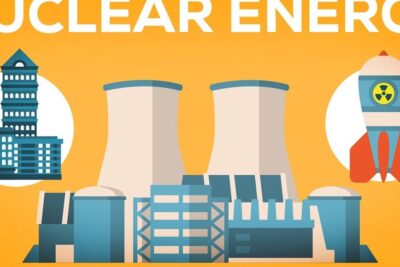 Illustration of a nuclear power plant with cooling towers, reactor buildings, city icon and a radiation-marked rocket illustrating energia nuclear 16