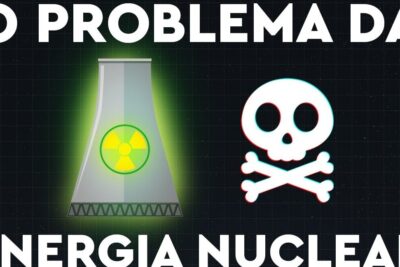 Glowing nuclear reactor tower with radiation symbol and skull-and-crossbones hazard illustrating energia nuclear 22.