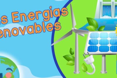 Cartoon-style solar panel, wind turbine, hydro dam, recycling battery and smiling Earth promoting energia renovable 122