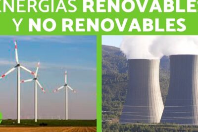 Split image of wind turbines and nuclear cooling towers illustrating energia renovable 91
