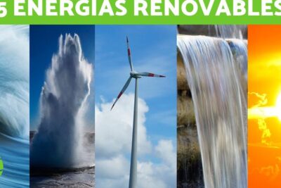 Collage showing ocean waves, a geothermal geyser, a wind turbine, a waterfall and the sun representing energia renovable 98.