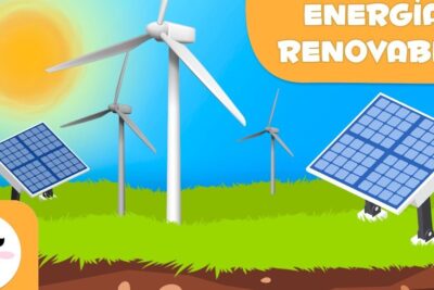 Cartoon solar panels and wind turbines on a grassy hill illustrating energias renovables 41
