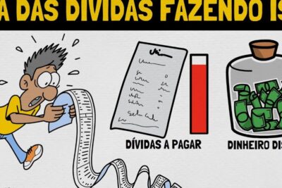 Worried person reading a long receipt next to icons for debts to pay and a jar of available cash illustrating equilibrio financeiro 1
