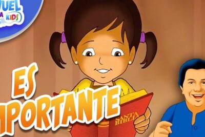 A smiling young girl with pigtails reading a red Bible in a colorful cartoon scene labeled es importante 2.