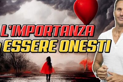 Dramatic thumbnail with bold Italian headline about honesty, a lone figure in a red cloak and a presenter on the right promoting essere onesti 1.