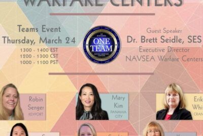 Event poster for National Women's History Month showcasing 'Women of the Warfare Centers' with multiple headshots, schedule blocks, a central emblem and guest speaker notice, est important 1