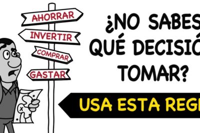 Cartoon traveler facing a signpost labeled Ahorrar, Invertir, Comprar, Gastar, illustrating choices for estabilidad financiera 1.