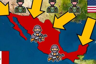 Map of Mexico in red with yellow arrows from the north, soldier icons and armed figures labeled estados unidos 5.