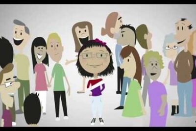 Cartoon of a young female character with glasses standing among a diverse crowd, referencing estereotipos genero.