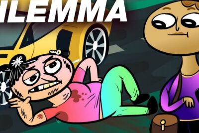 Cartoon showing an injured person on the street and a bystander on their phone, illustrating etiske dilemmaer.