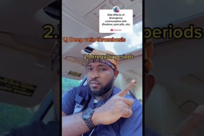 Man in a car pointing to on-screen text listing emergency contraceptive side effects like deep vein thrombosis and irregular periods etta abortti