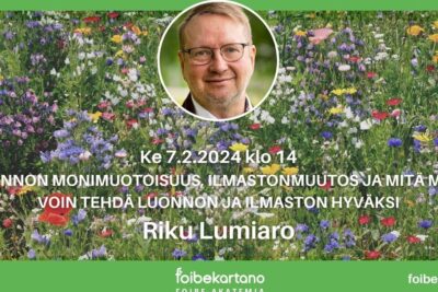 Event poster with wildflower meadow background, a circular speaker portrait, and Finnish text promoting etta ilmastonmuutos
