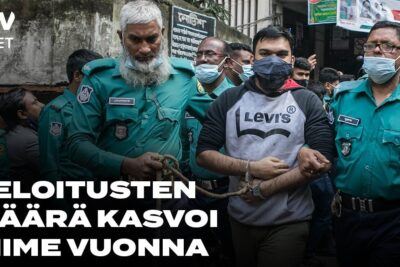 Masked handcuffed man being led by multiple uniformed officers through a crowd beneath a bold headline etta kuolemantuomio 1