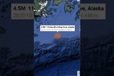 Satellite map showing a 4.5M offshore earthquake 112 km SE of King Cove, Alaska with etta maapallo