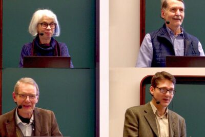 Split-screen collage of four presenters at lecterns with headset microphones labeled etta marxin 1.
