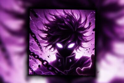 Dark anime silhouette with glowing white eyes, purple energy and broken chains