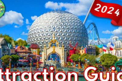 Colorful European-style amusement park entrance with a large geodesic dome, waterfront fountain and visible roller coaster at europa land 1.