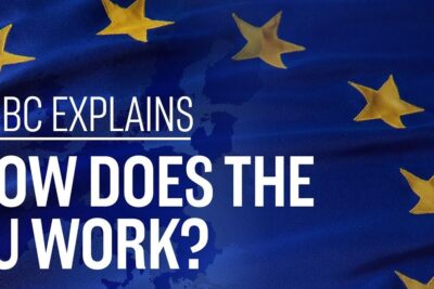 Blue european union flag with gold stars and bold overlaid text asking how the EU works.