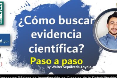 Magnifying glass over a portrait with research database logos and text about evidencia cientifica 2