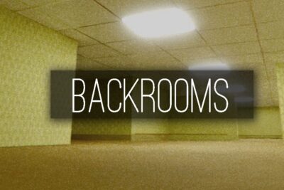 Grainy yellow-carpeted empty corridor with drop ceiling lights and a dark overlay reading BACKROOMS, illustrating existencia backrooms 1.