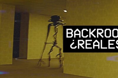 Grainy yellow corridor with a tall spindly silhouette and pixelated overlay asking about existencia backrooms 2.