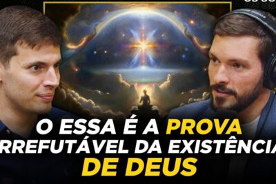 Two men in a podcast-style discussion with cosmic meditating image and existencia deus 3