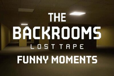 Dim yellow-lit maze of empty corridors and pillars with bold white text overlay referencing existenz backrooms.