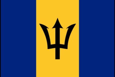 Barbados flag with black trident centered on vertical blue and gold stripes fa born 2